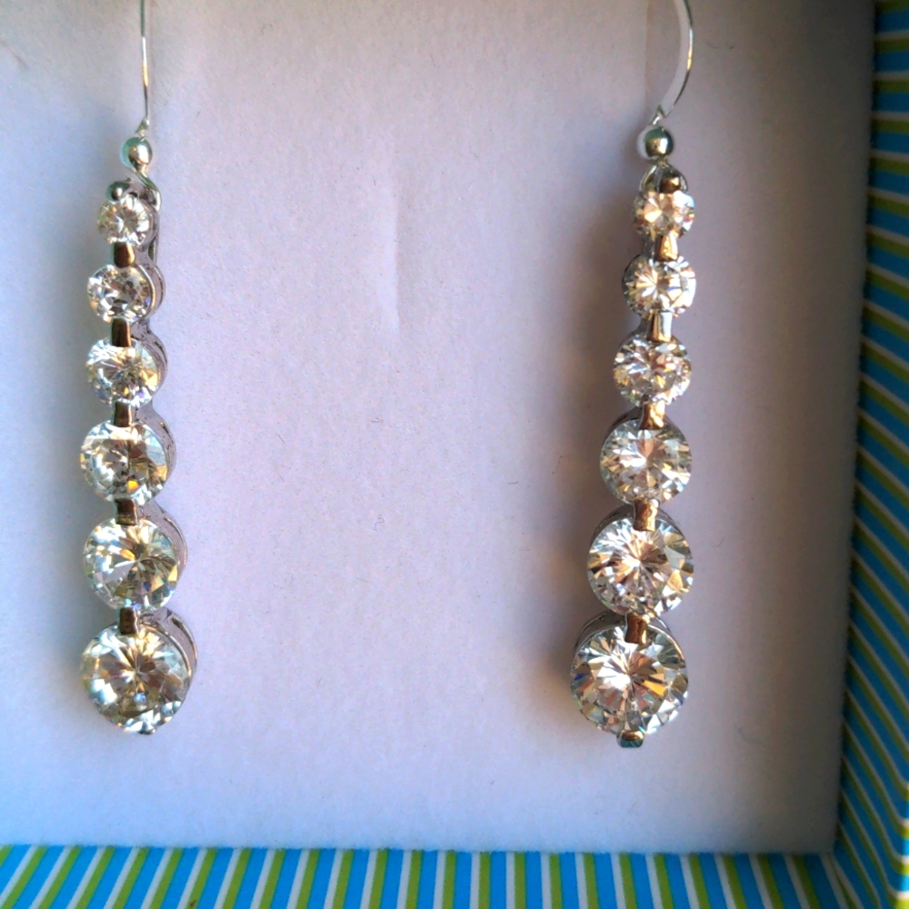 New Cubic Zircon Sterling Silver earrings. Drop Danglle 2". Simulated diamonds